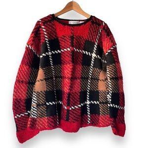 Vintage 90’s The Eagles Eye Red/Black Plaid Hand Knit Wool Oversized Sweater